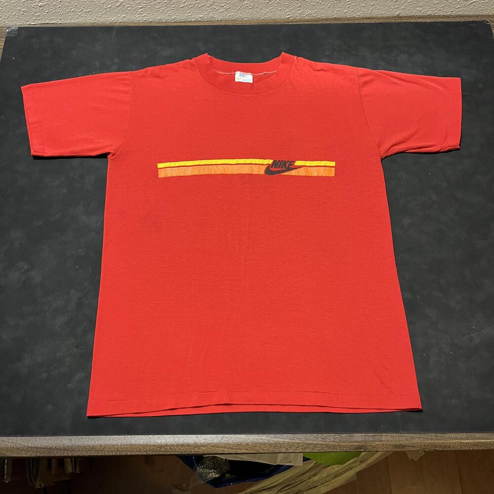 Vintage Nike 1970s Tee Shirt Mens Large Red Made USA Swoosh Stripe Sportswear
